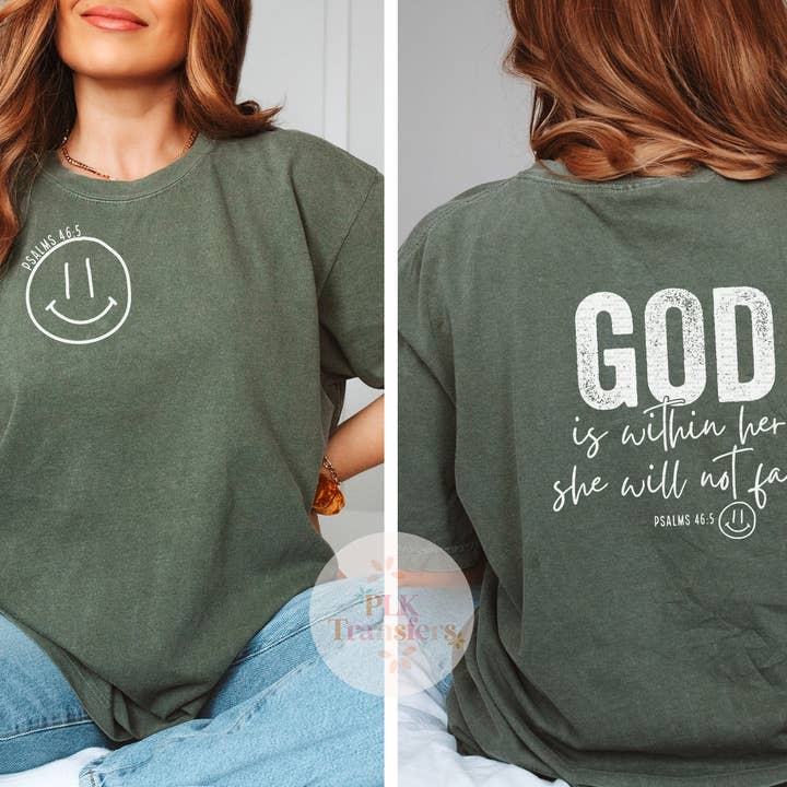OVERSIZED POCKET , God Is Within Her Scripture | Screen Print Transfer | - SINGLE COLOR (LOW HEAT) for wholesale by PLK Transfers