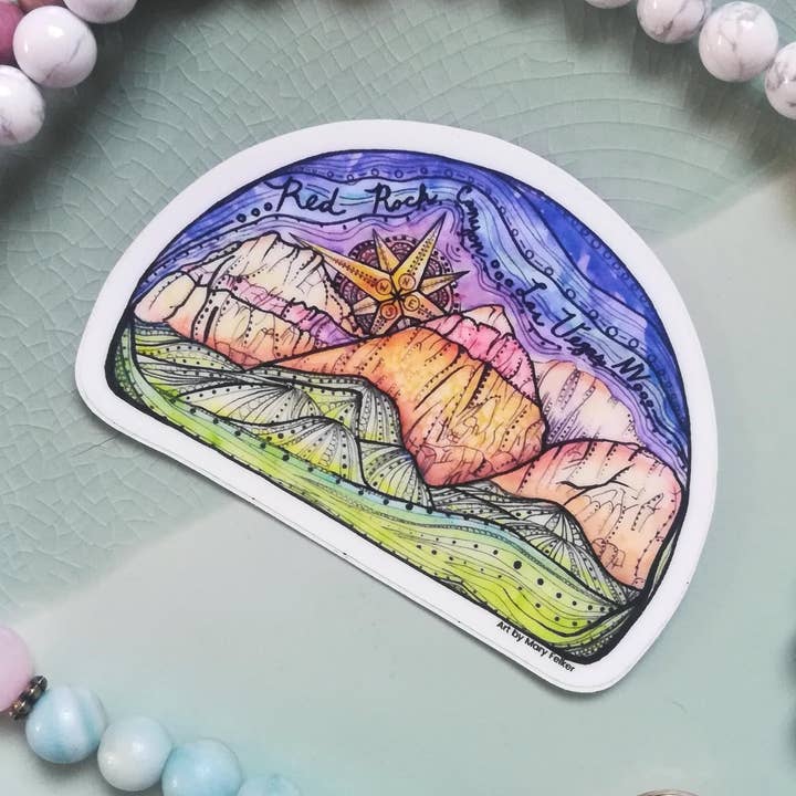 Red Rock Canyon Mountain Sticker - With Compass Sky Design for wholesale by Mary Felker Art and Design