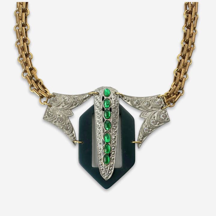 Lulu’s Petals - Wholesale Pendant/Charm Necklace - Refashioned vintage clear and green rhinestone assemblage statement necklace1