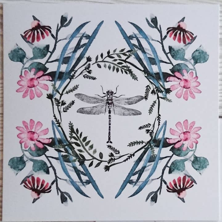 Pink flora and dragonfly Blank Greeting Card for wholesale by Lisa Travers