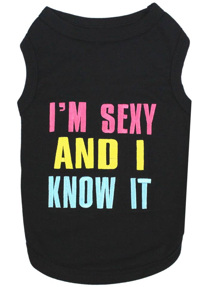 Maglietta per Cani "Sexy and I Know It" – Maglietta Giocosa per Animali Domestici per la vendita all'ingrosso da parte di Parisian Pet®