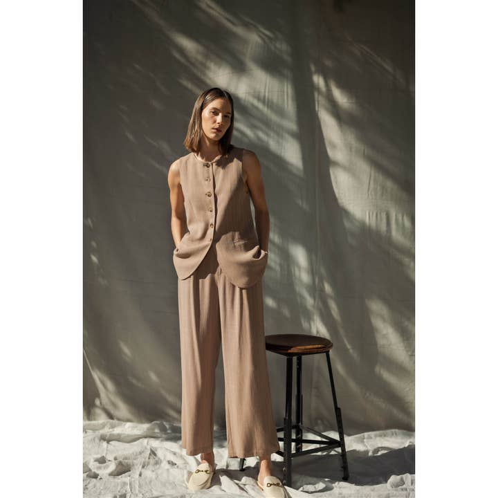 STRIPE PIN TUCK DETAIL ELASTIC WAIST PANTS for wholesale by FUN2FUN