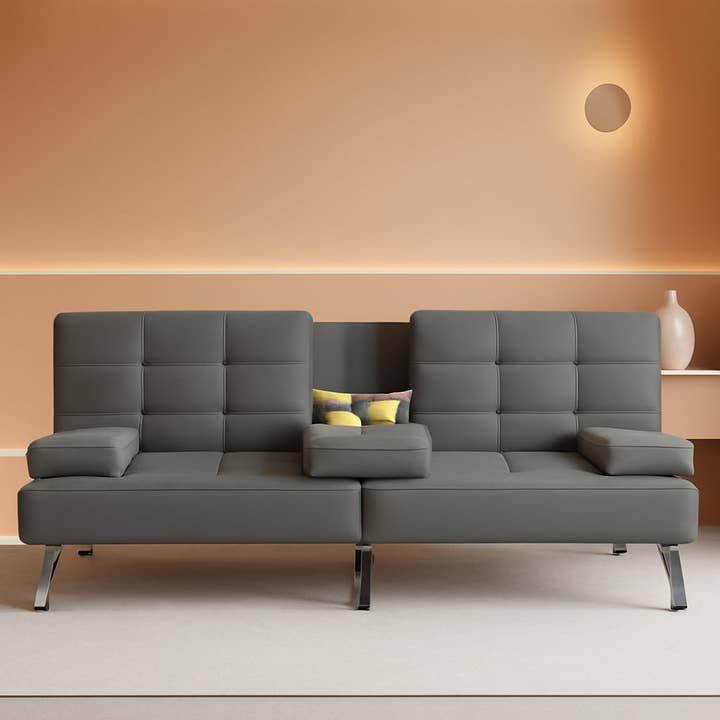Grey Futon Sofa Bed With Adjustable Back And Cup Holders for wholesale by ShipItFurniture