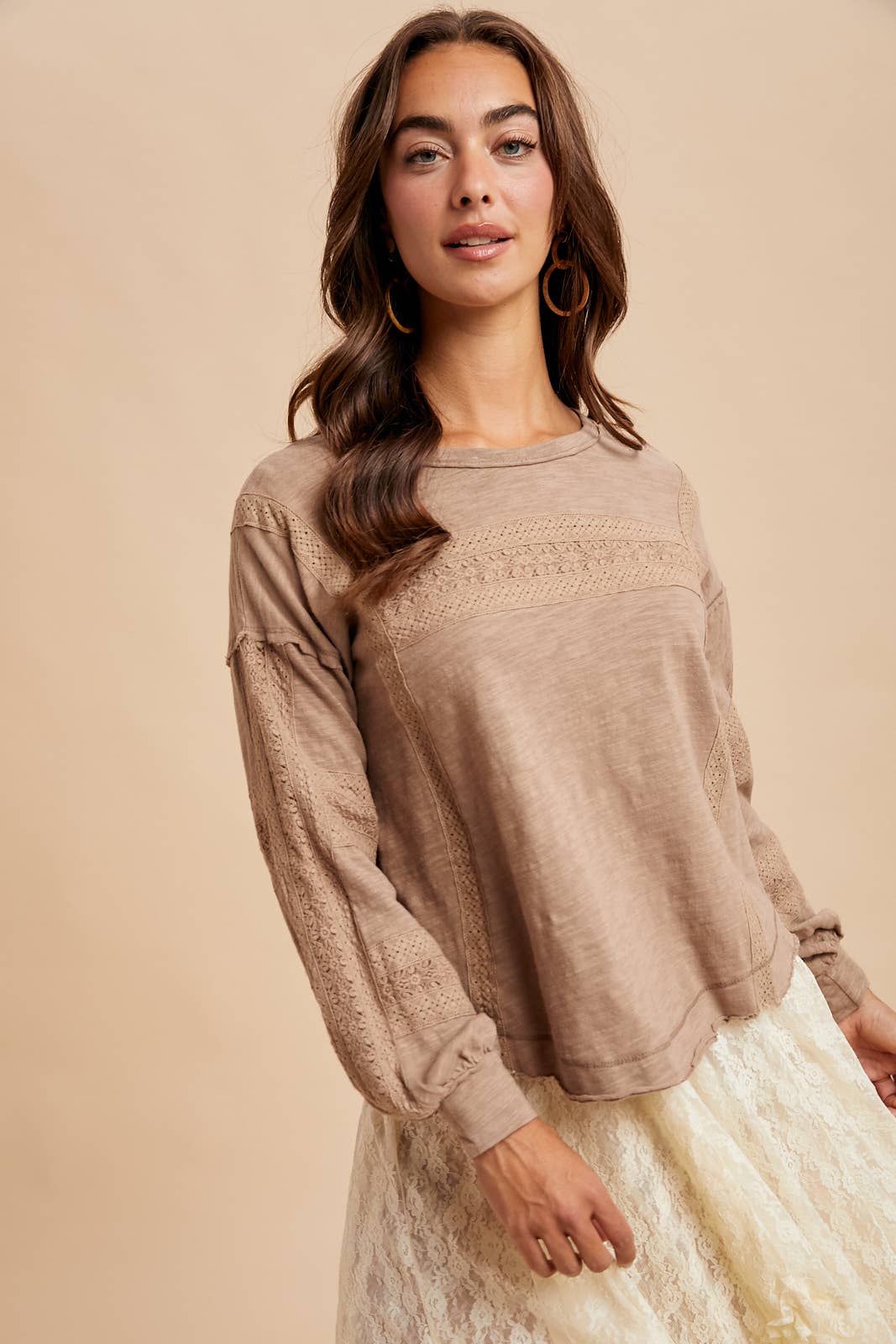 In Loom - Wholesale Blouse - Women's - GARMENT WASHED LACE INSET LONG SLEEVE TOP4