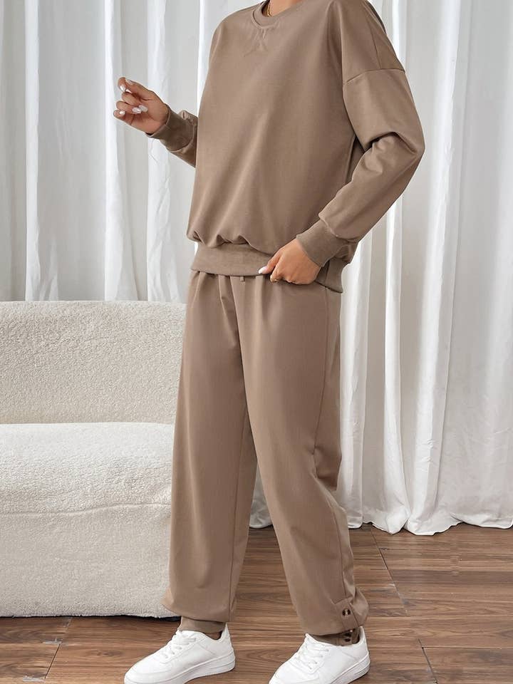 BROWN CWSTB1174_SOLID COLOR ROUND NECK CASUAL SWEATSHIRT SUIT for wholesale on Faire