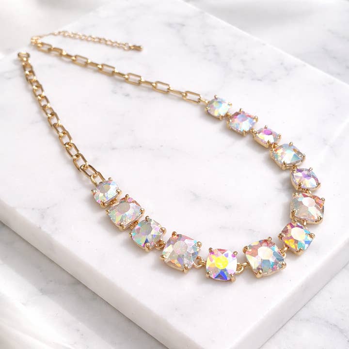 Cushion Cut Square Glass Crystal Linked Chain Necklace for wholesale by StarryNYC