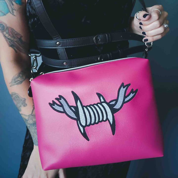 Dark Pink Barbed Wired Medium Crossbody Bag Handmade for wholesale by Project Pinup