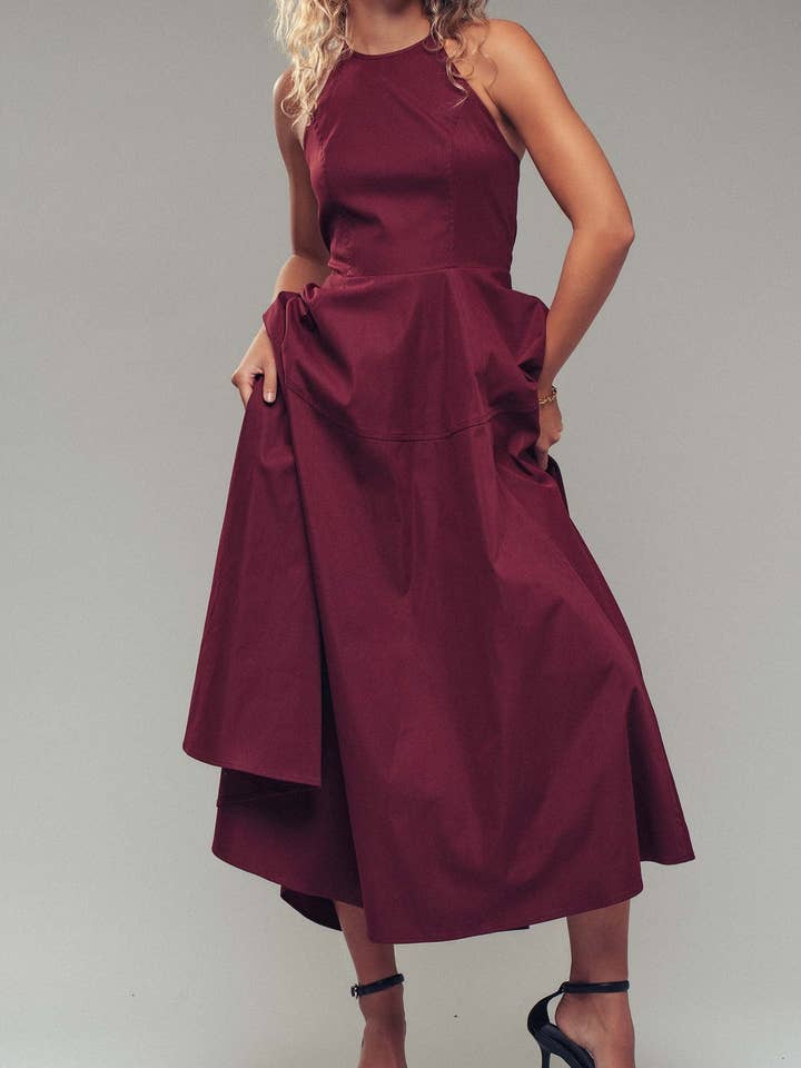 Burgundy Halter Midi Dress for wholesale by Fashion Week