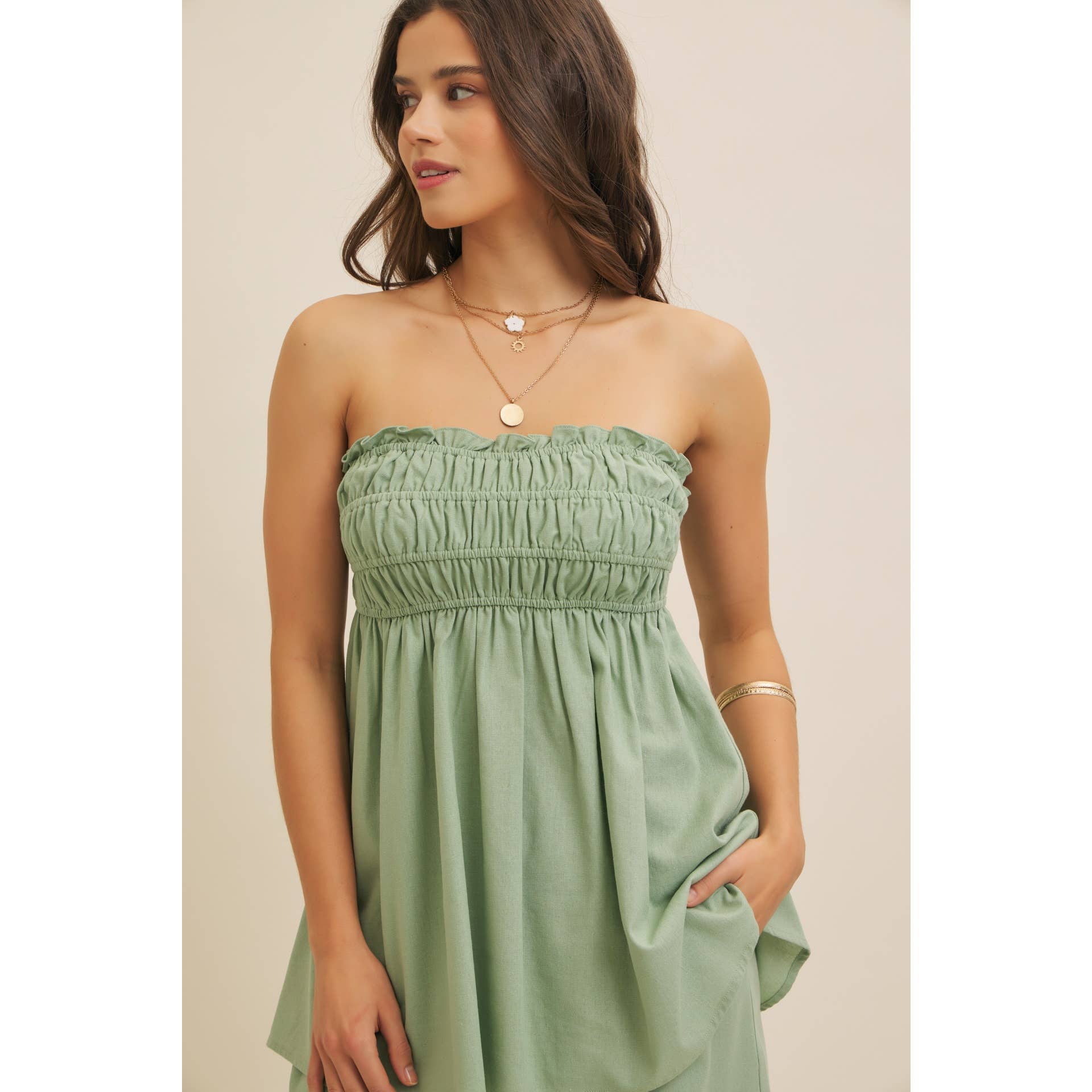 in february – Blusa - Mulher por atacado – TOP TÚNICA SEM ALÇAS DRAPEADO EM VISCOSE E LINHO7