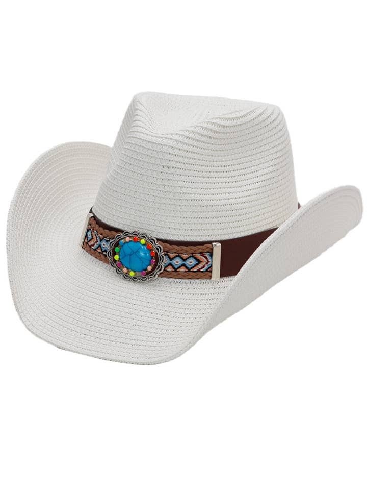 Turquoise Tribal Woven Band Paper Straw Cowboy Hat for wholesale by Cap Zone