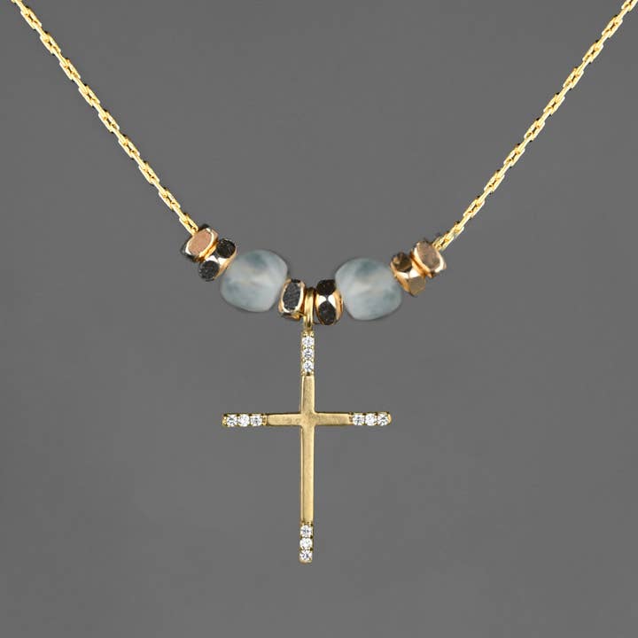 Delicate Cross w/ Tiny Stones and Semi Precious Necklace for wholesale by KBD Studio