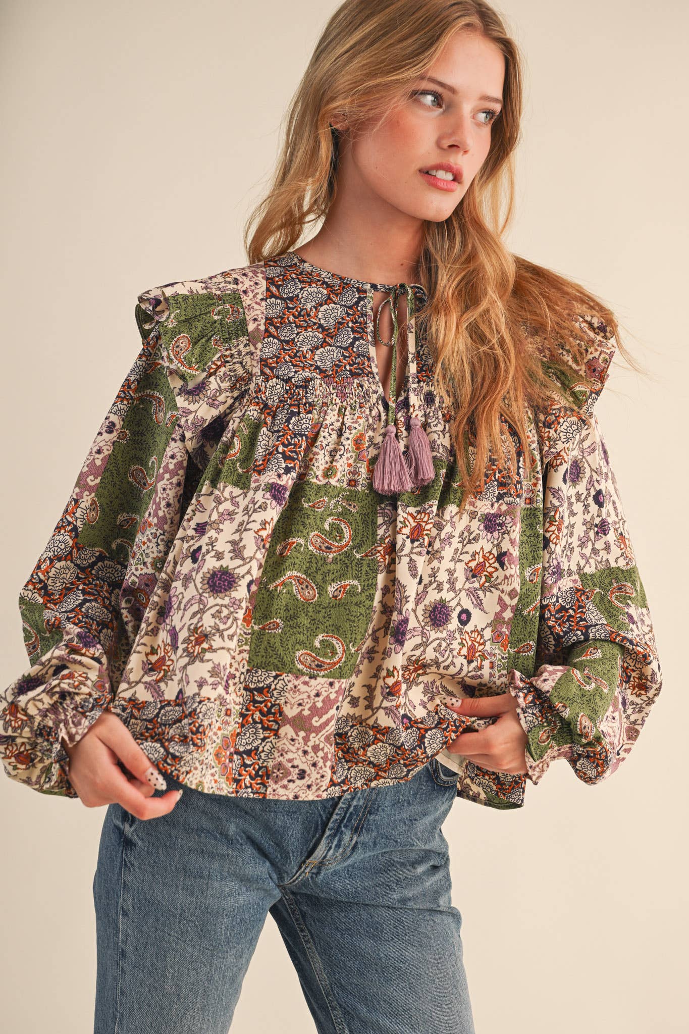 &MERCI - Wholesale Blouse - Women's - PATCHWORK PRINT SMOCKED RUFFLE BLOUSE MTP43500