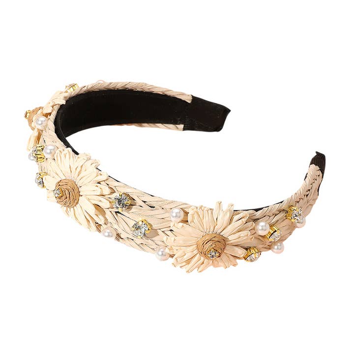 Sensibling Corp. - Wholesale Fashion Headband - Women's - Paper Flower Pearl Stone Cluster Raffia Braided Headband