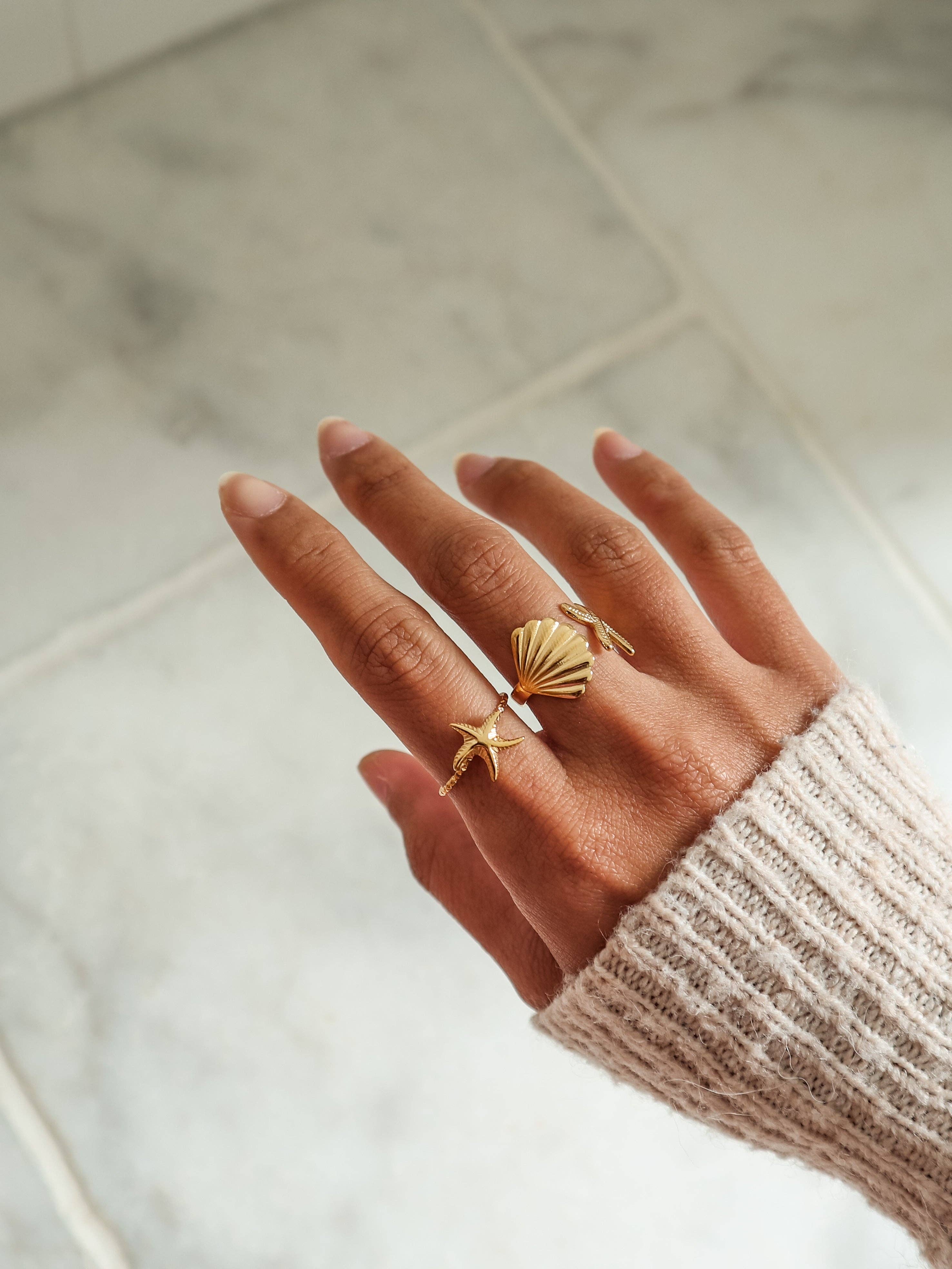 Bali Soul - Vente Bague de cocktail/de cérémonie - Bague en or avec coquillage et étoile de mer2