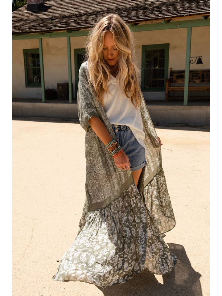 Three Bird Nest - Wholesale Kimono - Women's - Paisley Tapestry Free Flow Duster Kimono - Olive3