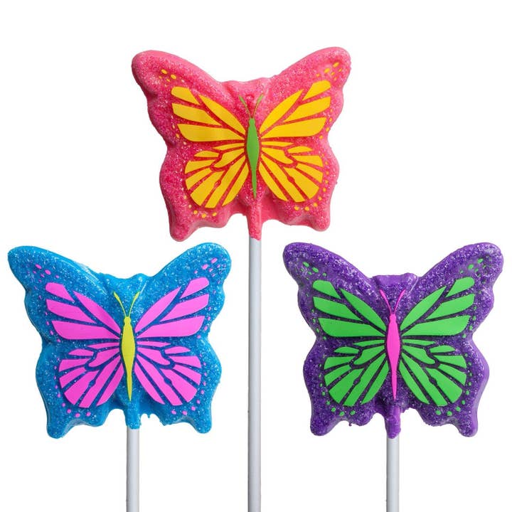 Melville Candy Company - Wholesale Lollipop - Sanded Butterfly Lollipops - Pink, Blue, Purple