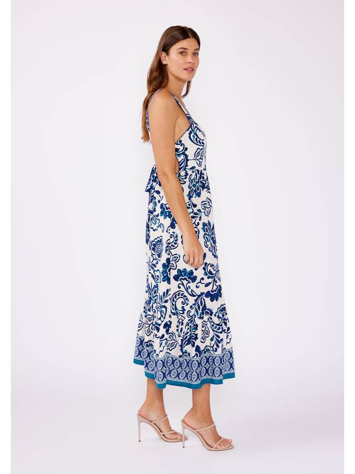 Vanilla Navy Blue Printed Tie Back Sleeveless Midi Dress for wholesale on Faire