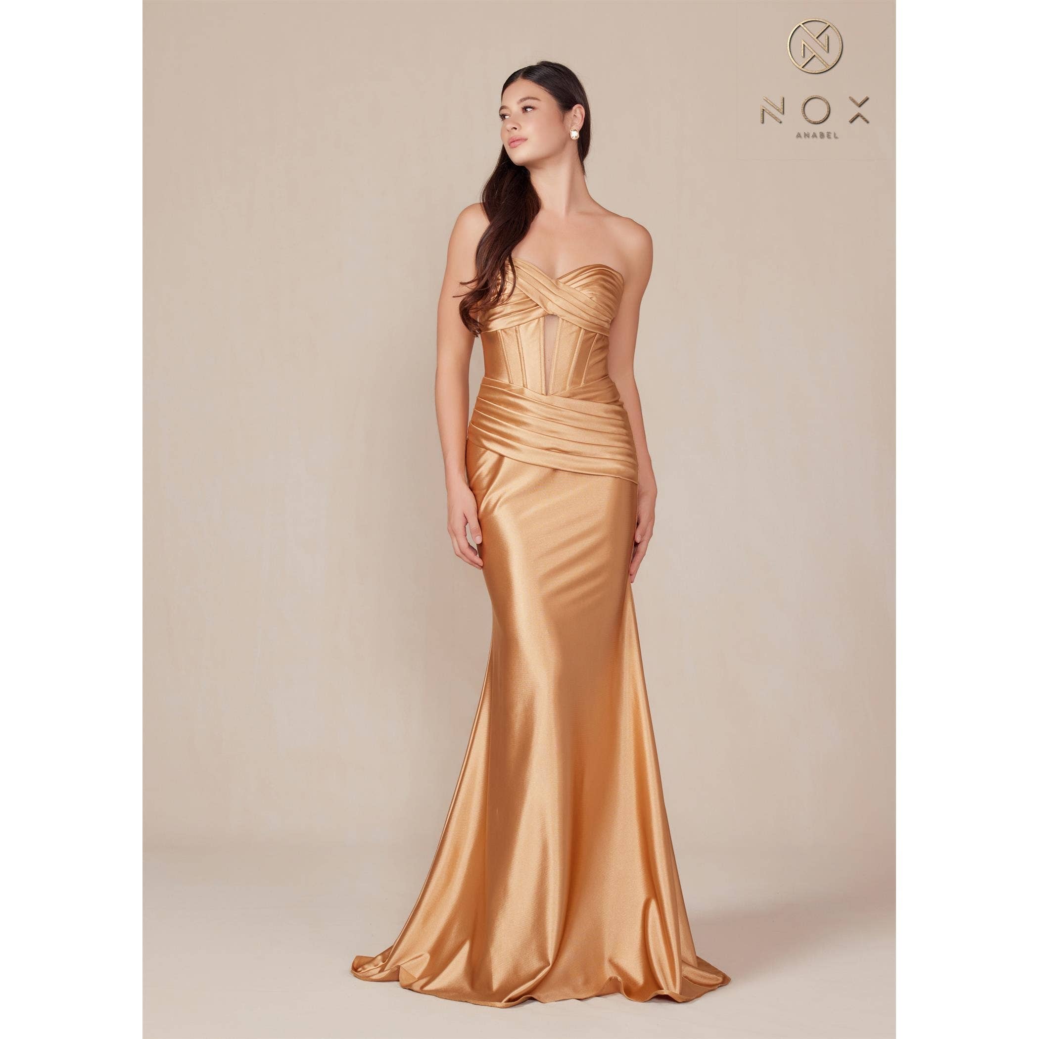 Noxanabel - Wholesale Formele jurk - Dames - Noxanabel satijnen strapless jurk met aansluitende pasvorm T15007