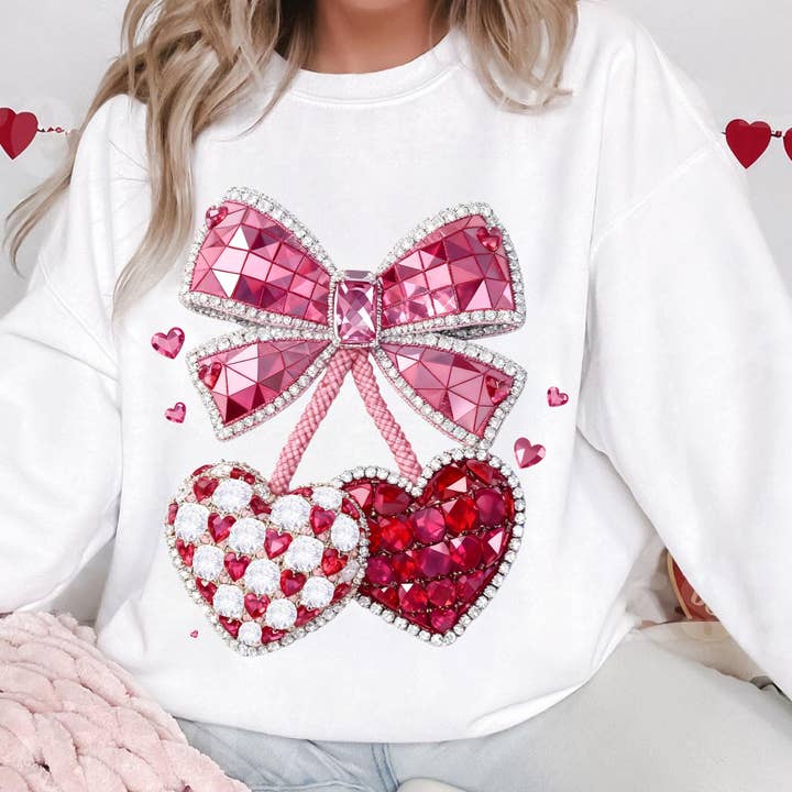 Valentine Cherry Faux Rhinestone Shirt, Cherry Sweater for wholesale by DLT Ecommerce