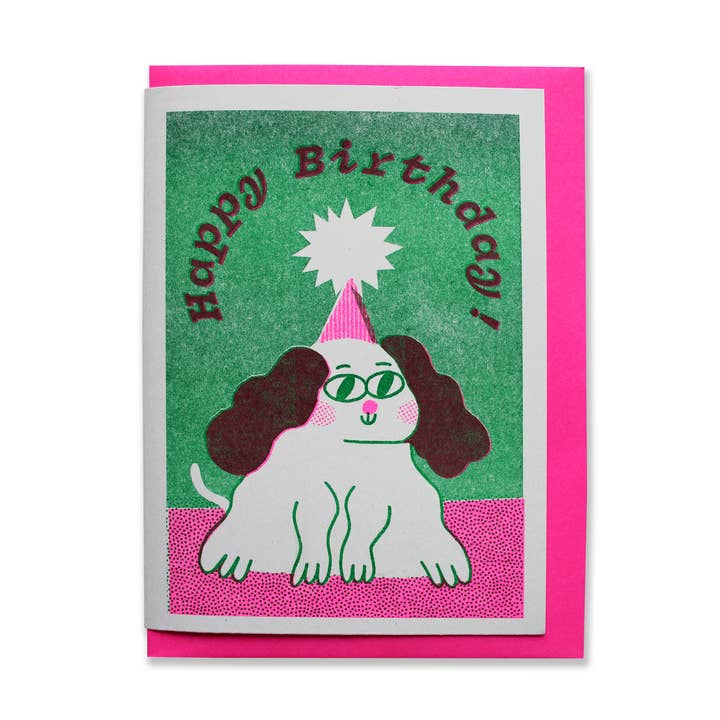 Happy birthday Dog - A6 Riso Greetings Card for wholesale by Rebecca Buchanan