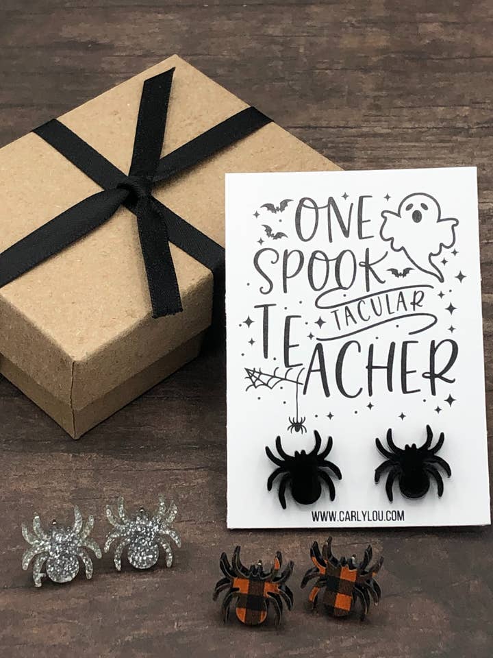 Halloween Teacher Earrings - Spider Earrings - Spooktacular for wholesale by Carly Lou