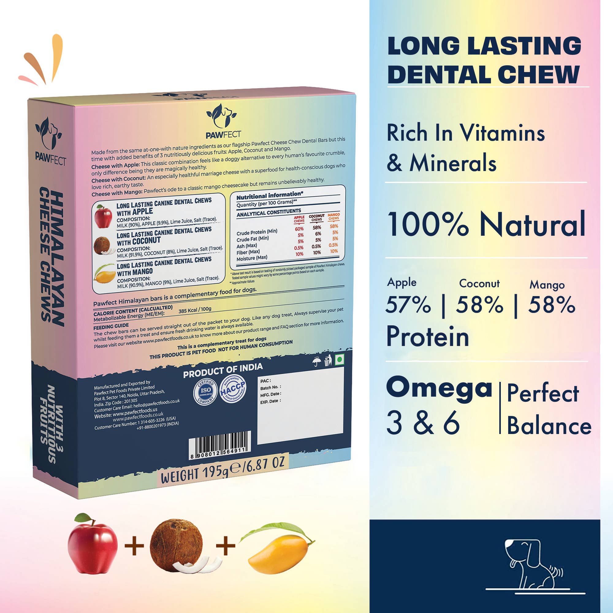 Pawfect Foods – Engroshandel Godbid - Hund – Pawfect Himalaya Ostetygger med Æble, Mango & Kokos til Hunde | Helt naturlig tandstik | Rig på protein & calcium | Kornfri | Langvarig tygge | Pakke med 31