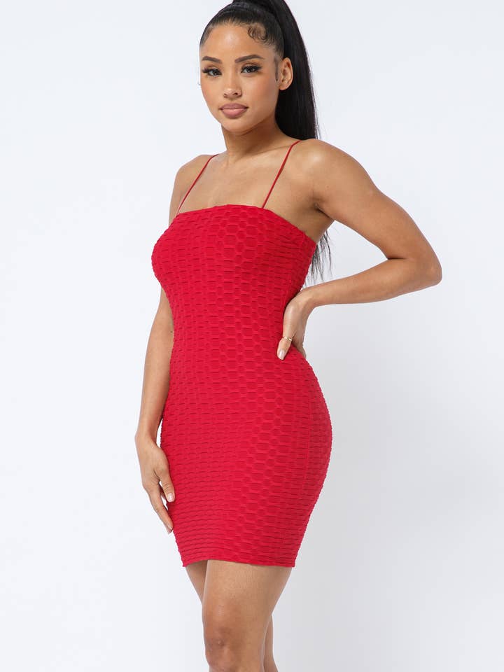 Julia by LoveJ - Wholesale Dress - Women's - Honeycomb Jacquard Spaghetti Strap Basic Bodycon Dress