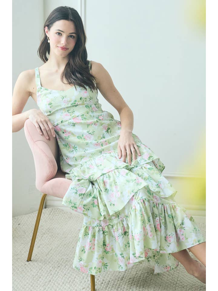Blu Pepper - Wholesale Dress - Women's - FLORAL SLEEVELESS RUFFLE TIERED HEM MIDI DRESS