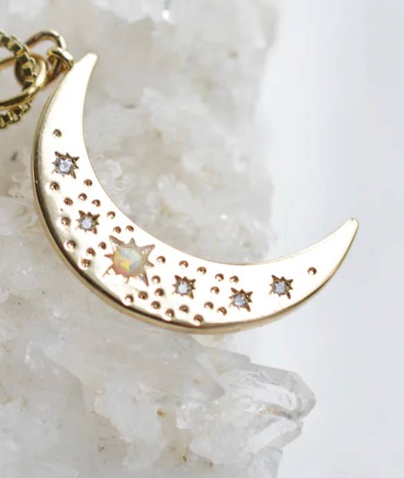 HoopLa - Wholesale Pendant/Charm Necklace - Crescent Moon Opal and Crystal Steel 14K Gold Necklace1