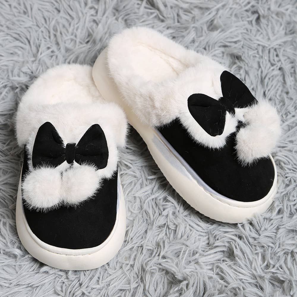 Sensibling Corp. - Wholesale Slippers - Women's - Bow Pom Pom Pointed Faux Suede Indoor Floor Slippers13