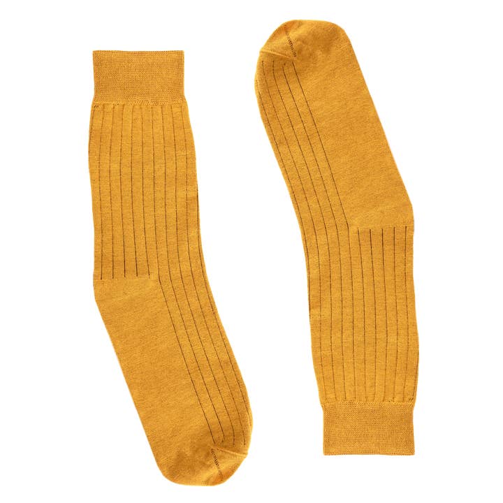 Mustard yellow socks with burgund pinstripe for wholesale by Faves. Socks&Friends