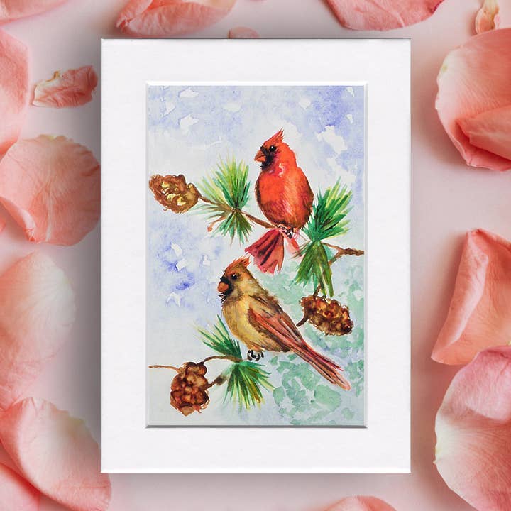 Fine Art For Small Spaces - Wholesale Art Print - Cardinal Pair Bird Nature Art Mini Print