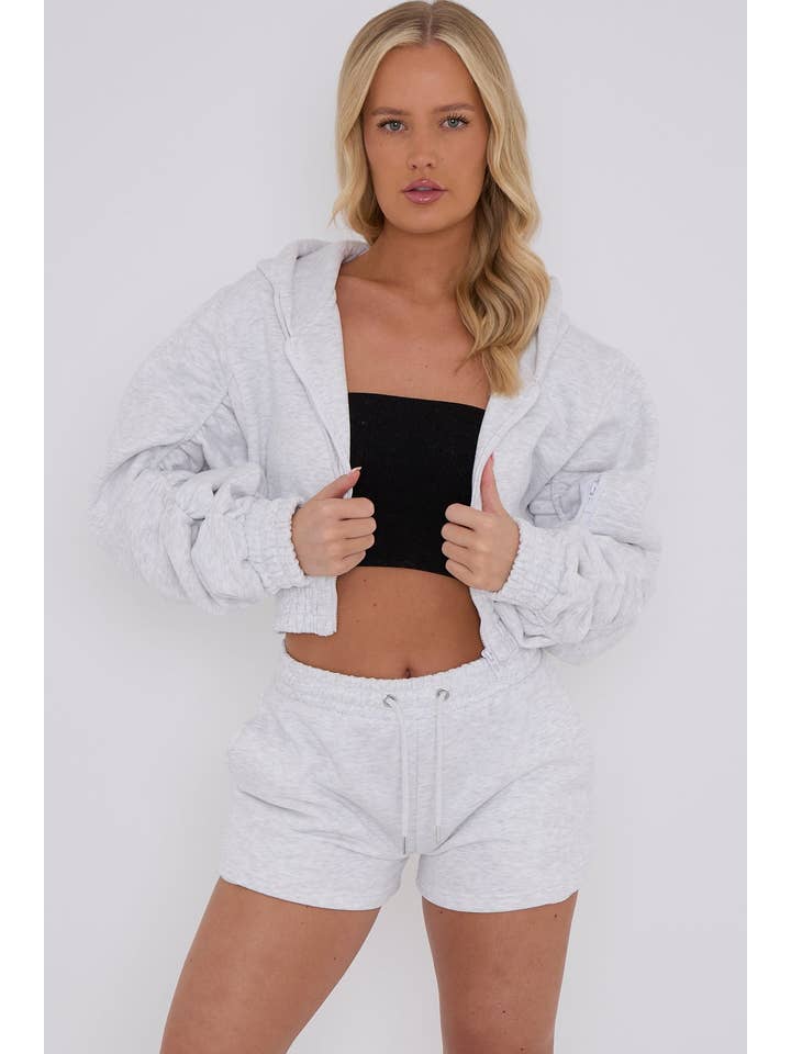 Stylewise Direct – wholesale Lounge set – Women's – Cropped Zip Up Ruched Sleeve Hoodie & Shorts Fleece Co-ord6