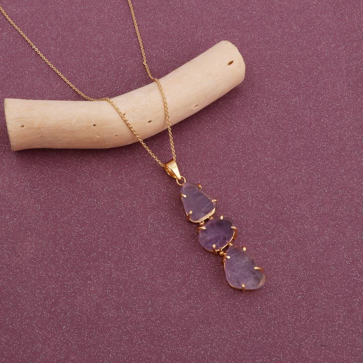 Natural Purple Amethyst Gold Plated Prong Set Necklace for wholesale by El Joyero