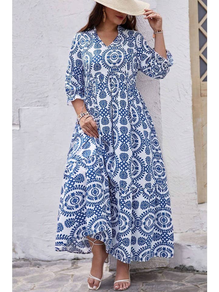 Sky Blue Geometric Print Lace-up Notch Neck Plus Size Maxi Dress for wholesale on Faire