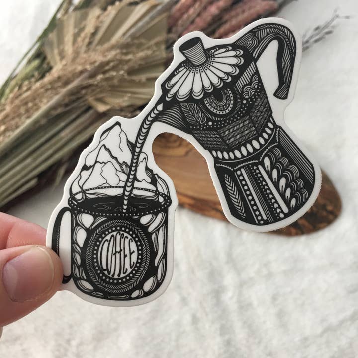 Autocollant pour cafetière moka sans PVC résistant aux intempéries pour la vente par WhitePaigeBlackInk