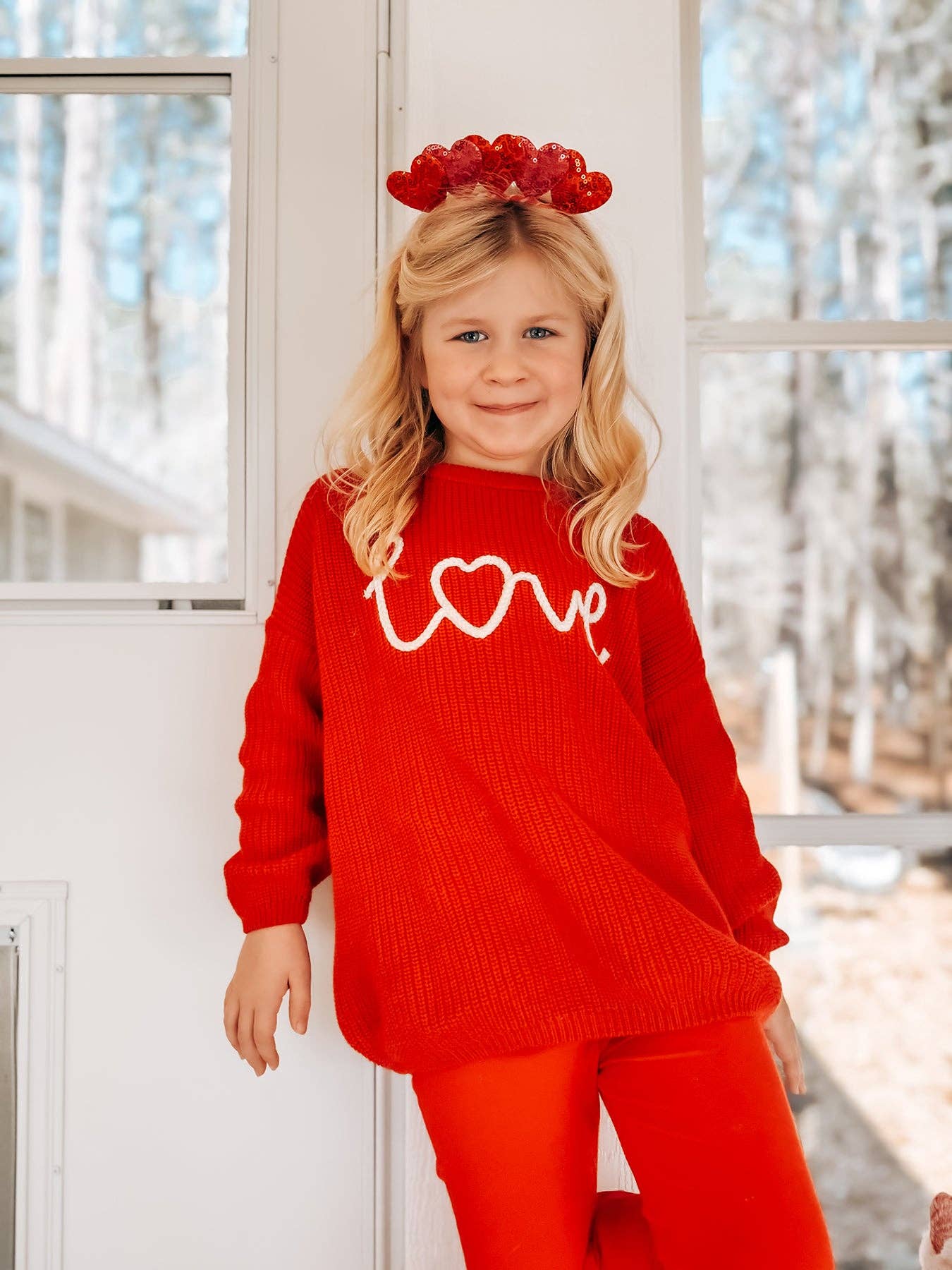Rylee Faith Designs - Wholesale Knit Sweater - Kids - Valentine’s Day Girls Red Knit Sweater – "Love" Heart Embroidery Long Sleeve Pullover1