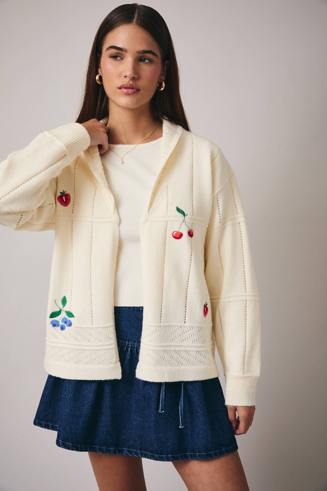 White LONG SLEEVE SWEATER CARDIGAN WITH FRUITS EMBROIDERY for wholesale on Faire1
