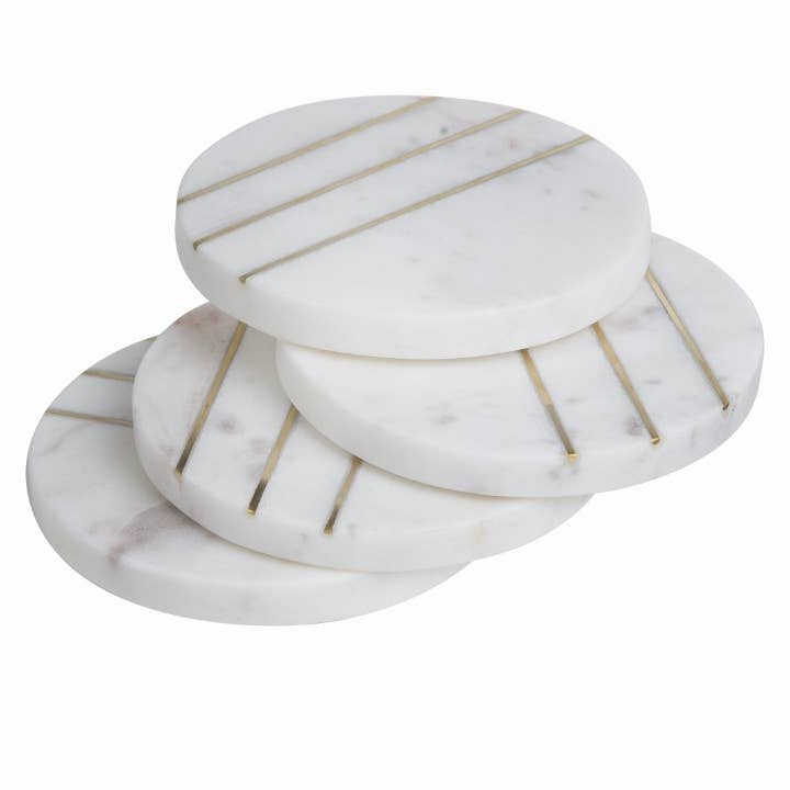 BIDKhome - Wholesale Coasters - Set of 4Round Marble w/Brass Coasters Opal White