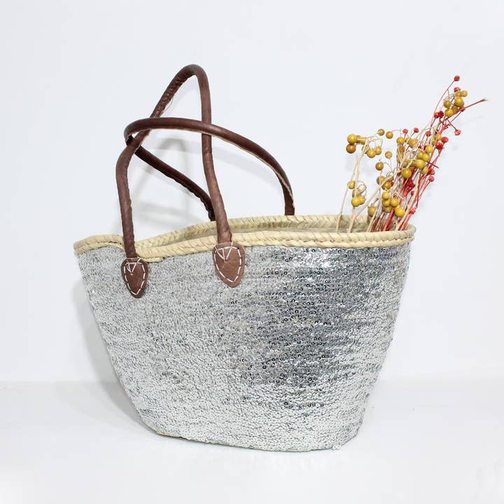 Melecraft - Wholesale Beach bag - Silver Sequins straw bag, french market basket3