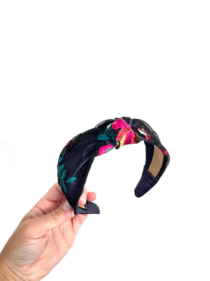 Navy Floral Embroidery Top Knot Lace Knotted Headband for wholesale by Brynnbands