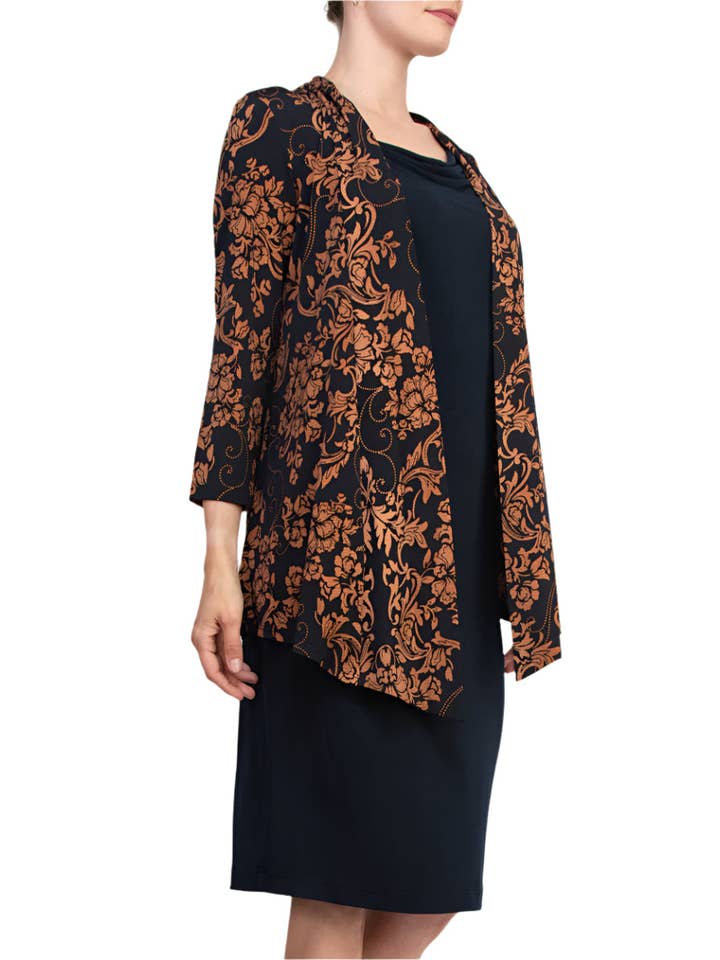 MIDNIGHT Connected Apparel Cowl Neck Straight Midi Dress with Attached Three-Quarter Sleeves Jacket for wholesale on Faire4