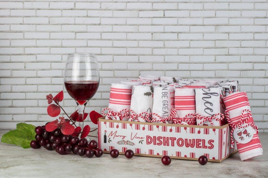 Duke Imports - Venta al por mayor Paños de cocina - Exhibidor Variado de Toallas de Diseñador "Merry Vino"0