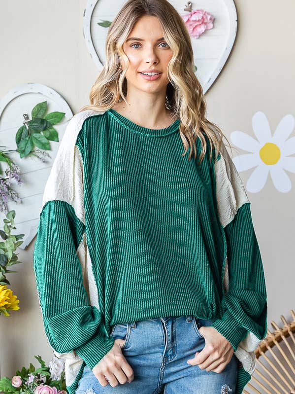 7th Ray - Wholesale Knit Top - Women's - Rib Color Block Hi Low Hem Drop Shoulder Pullover Top T5412