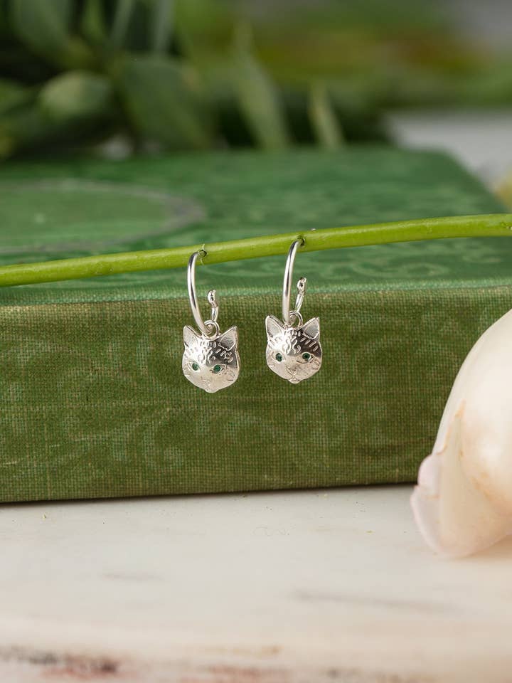 Cat Head Earrings On Mini Hoops for wholesale by Amanda Coleman Jewelry