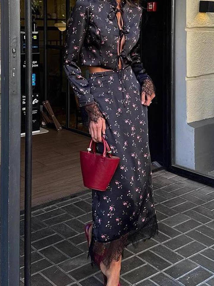 BLACK Lace Trimmed Floral Skirt Set for wholesale on Faire1