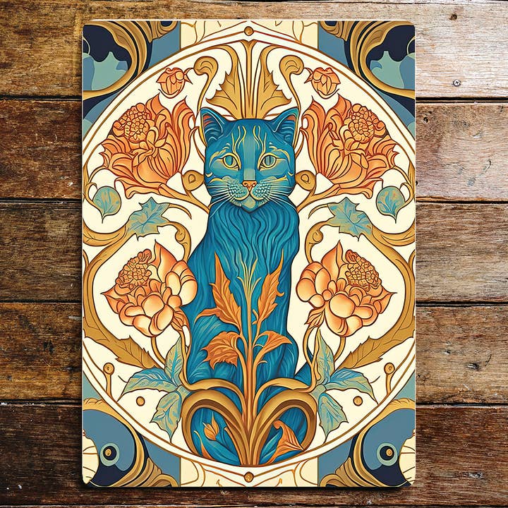 Art Nouveau cats blue pattern Metal Sign plaque for wholesale by The British Metal Signs Company