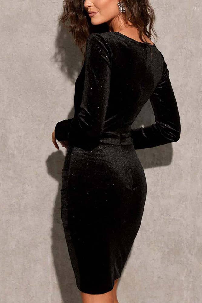 UNISHE - Wholesale Dress - Women's - Plain V Neck Ruched Glitter Velvet Bodycon Dress XML0162