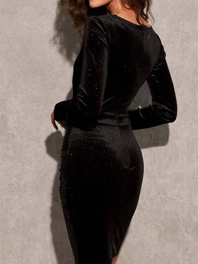 UNISHE - Wholesale Dress - Women's - Plain V Neck Ruched Glitter Velvet Bodycon Dress XML0162