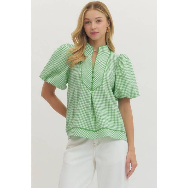 Top a maniche a sbuffo in gingham per la vendita all'ingrosso da parte di STYLE USA